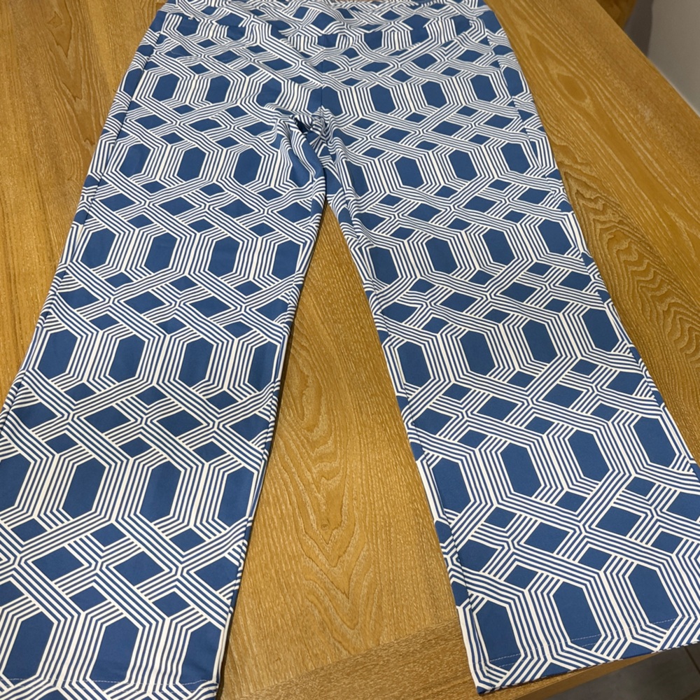 J. McLaughlin Blue and White Geometric Wide Leg Jeans